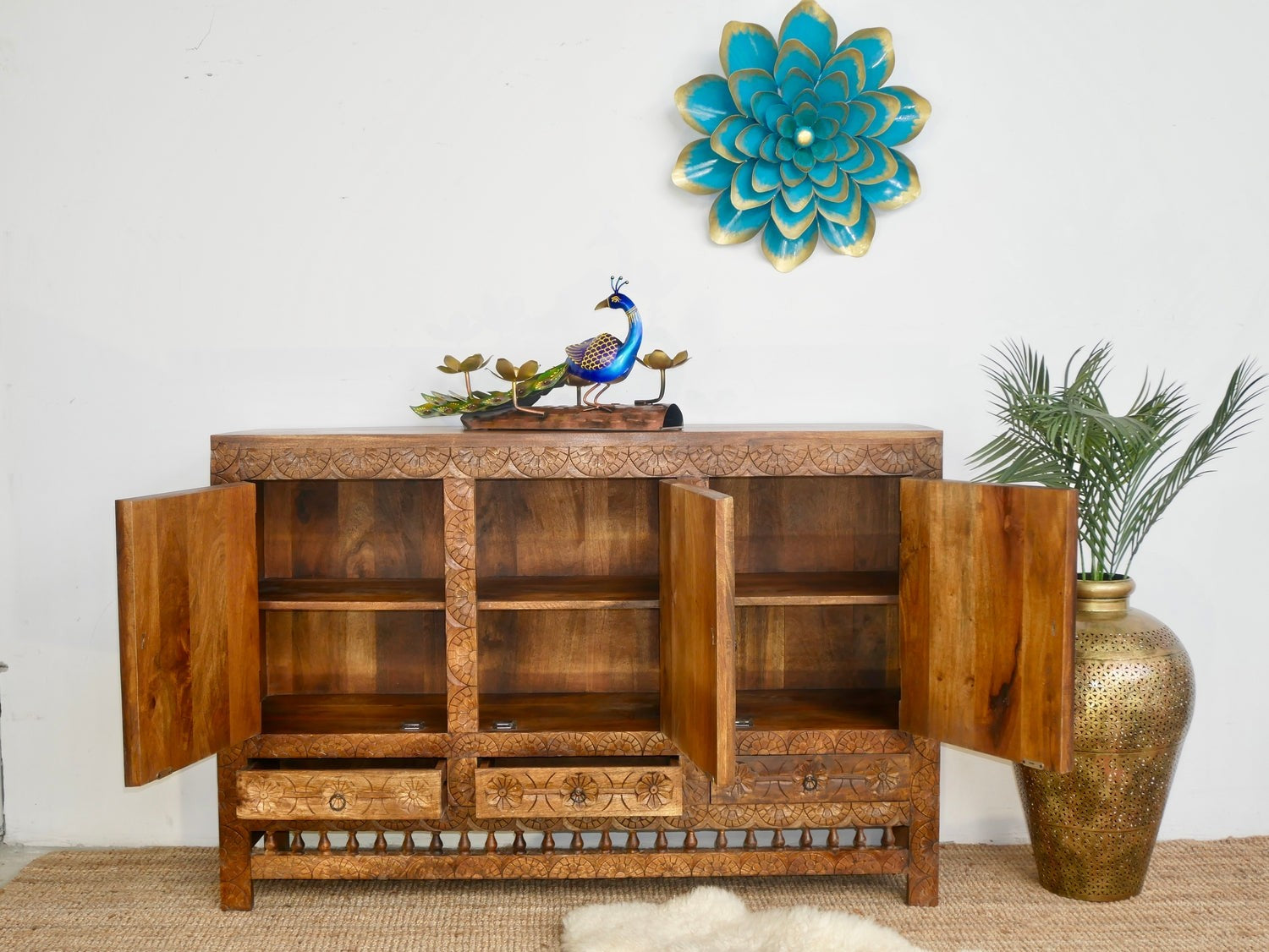 Brass Work Hand Carved Solid Wooden Sideboard Buffet 150x100x40cm BW0163  -  