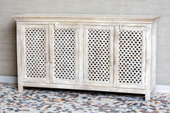 Antique Indian Jali Hand Carved Solid Wooden Sideboard Whitewash 175x45x98cm A0332