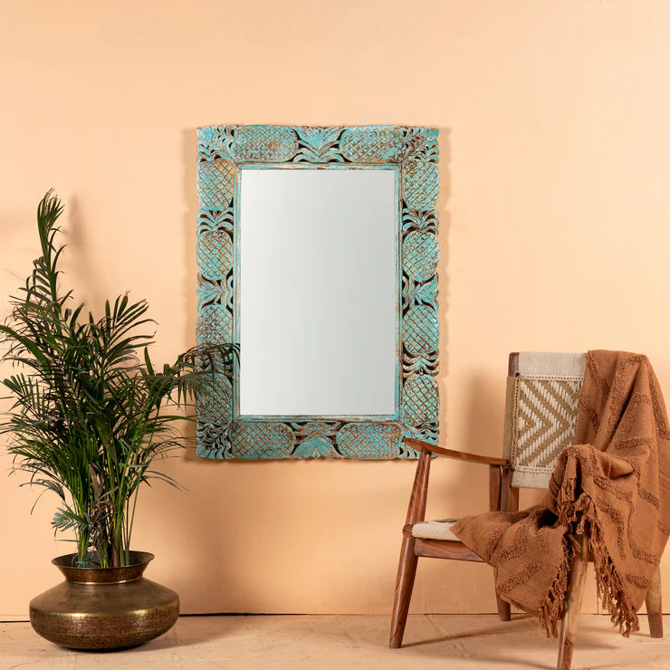 Carved Oasis Hand Carved Mango Wood Floral Carving Mirror Frame Distressed Blue