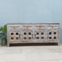 Handmade Carved Indian Mango Wood 4 Drawers 4 Doors Sideboard Whitewash