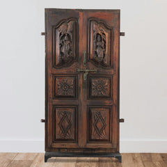 Indian Vintage Antique Hand Carved Reclaimed Teak Wood Door On Stand 84