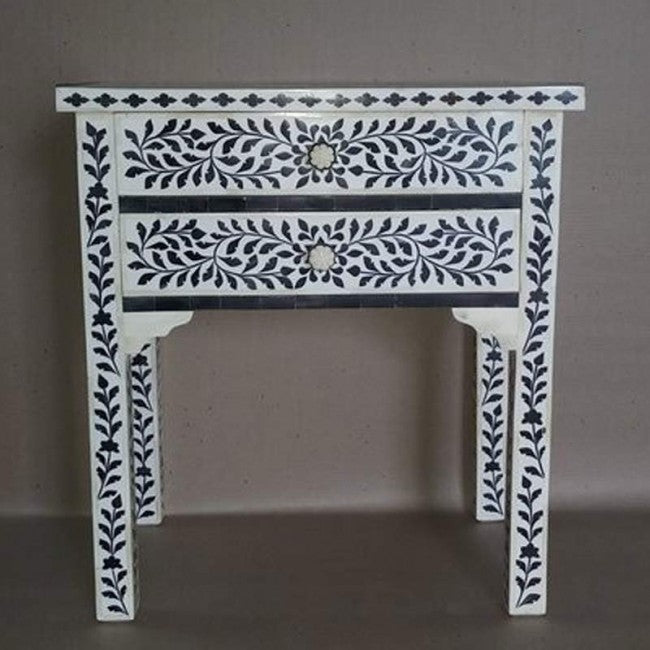 Maaya Bone Inlay 2 Drawer Bedside Table Black Floral