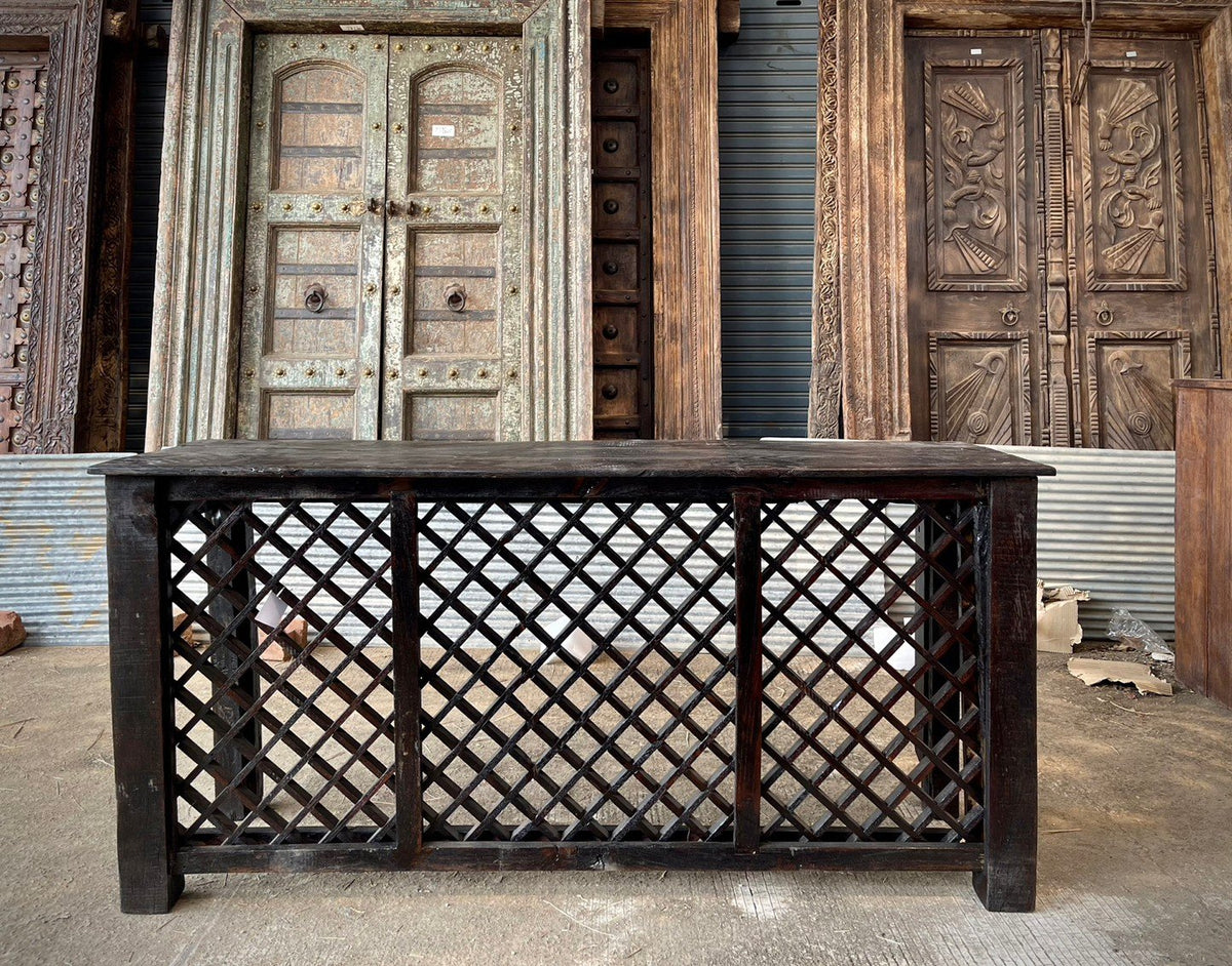 Antique Indian Jali Hand Carved Solid Wood Console Hall Table