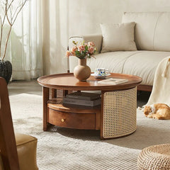 Rattan Elegance Series Solid Wood Round Shape With Rattan Cane Work Coffee Table C108