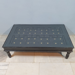 Indian Handmade Carved Solid Hard Wood Coffee Table in Black With Glass Cover 160x100x45Cm