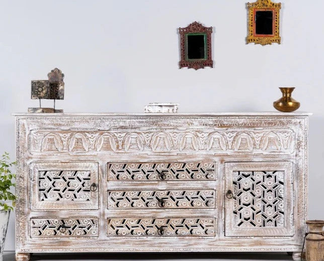 Pine Grove Handmade Solid Mango Wood Carved Sideboard White Distressed