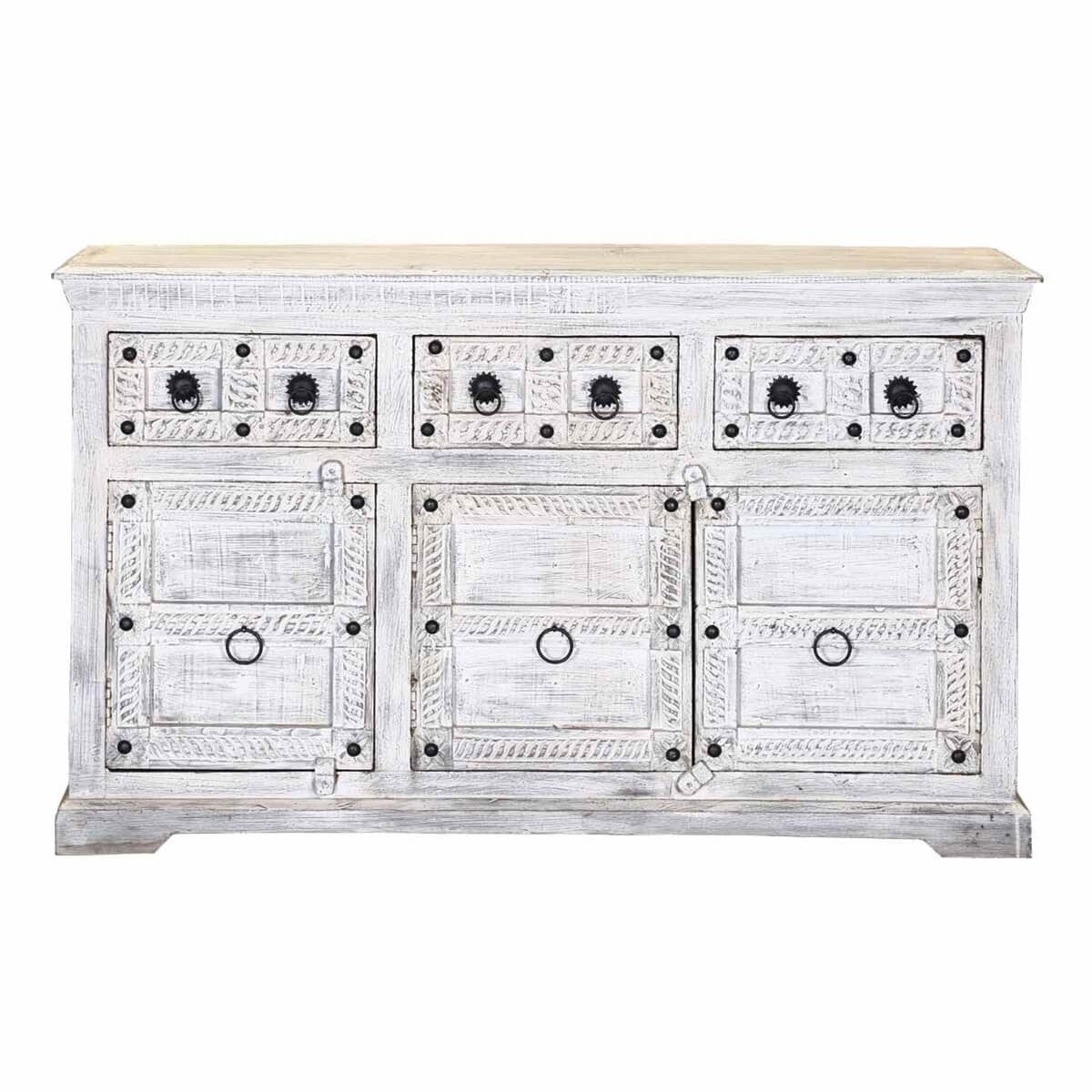 Blanc Indian Reclaimed Wood Whitewashed 3 Drawer Rustic Sideboard Cabinet