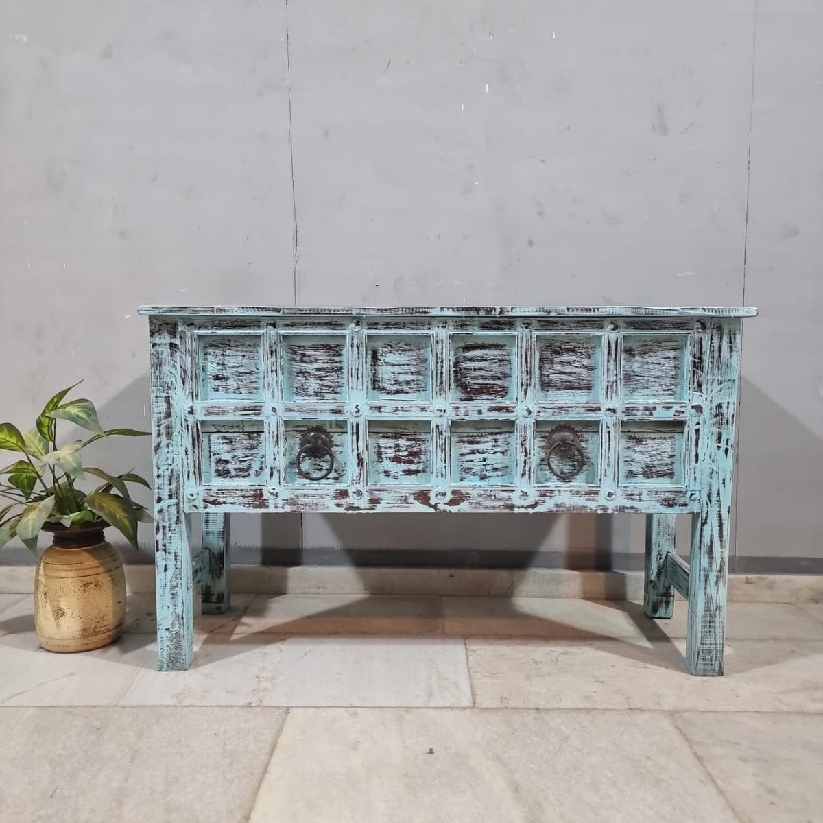 Indian Antique Tribal Beautiful Hand Carved Art Solid Wooden Console Hall Table Blue 125x45x80cm