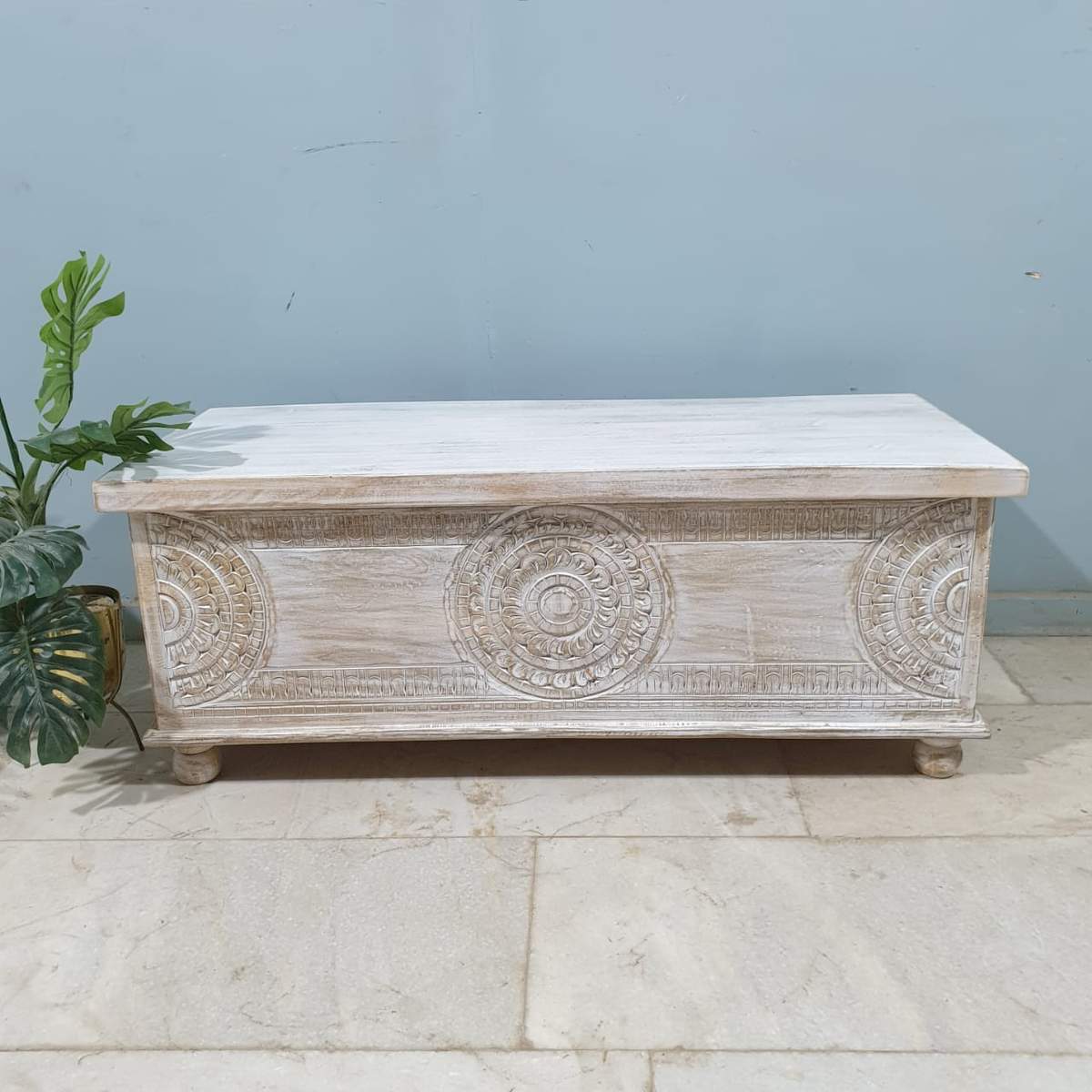 Handmade Indian Furniture Solid Hard Wood Carved Blanket Box Whitewash