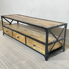 Metal Factory Industrial Indian Solid Wood Natural Tv Unit Media 150x45x50cm