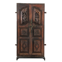 Indian Vintage Antique Hand Carved Reclaimed Teak Wood Door On Stand 84