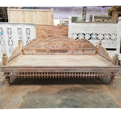 Mughal Garden Hand Carved Peacock Daybed Limewash