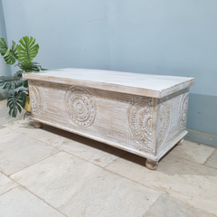 Handmade Indian Furniture Solid Hard Wood Carved Blanket Box Whitewash