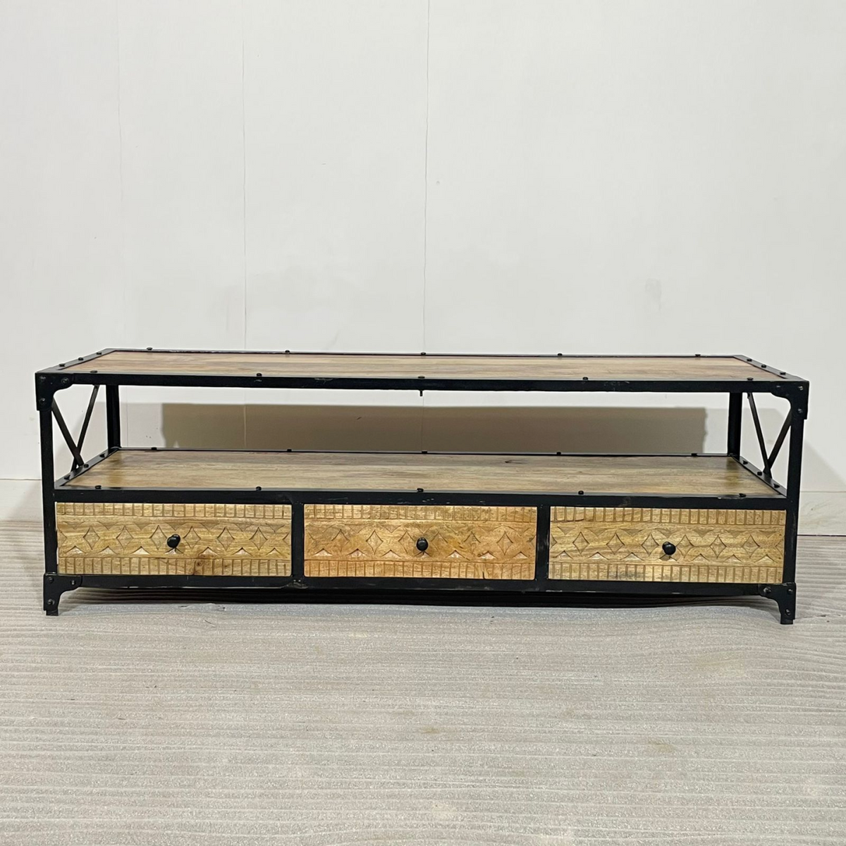 Metal Factory Industrial Indian Solid Wood Natural Tv Unit Media 150x45x50cm