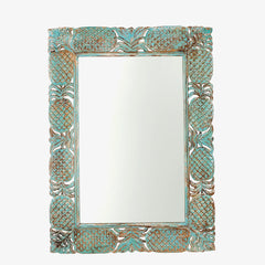 Carved Oasis Hand Carved Mango Wood Floral Carving Mirror Frame Distressed Blue