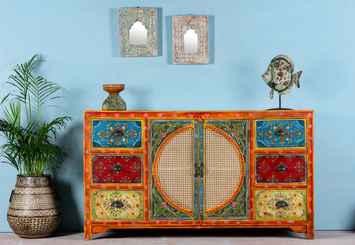 Pandora Indian Hand Painted Solid Wood With Rattan Sideboard