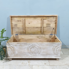 Handmade Indian Furniture Solid Hard Wood Carved Blanket Box Whitewash