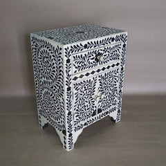 Maaya Bone Inlay Bedside Cabinet Table Black Floral