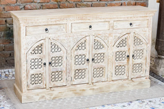 Antique Indian Jali Hand Carved Solid Wooden Sideboard Whitewash 170x40x97cm A0352