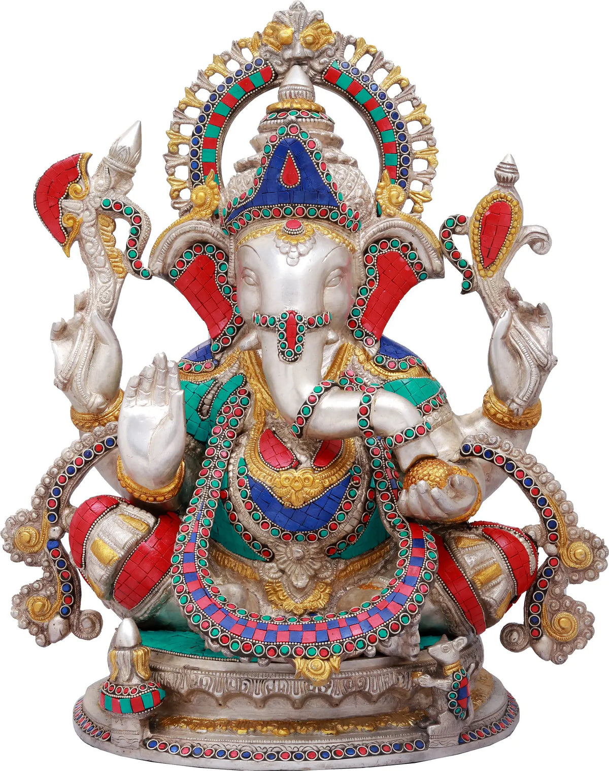 Indian Lord Ganesha Handmade Brass Statue With Inlay Work