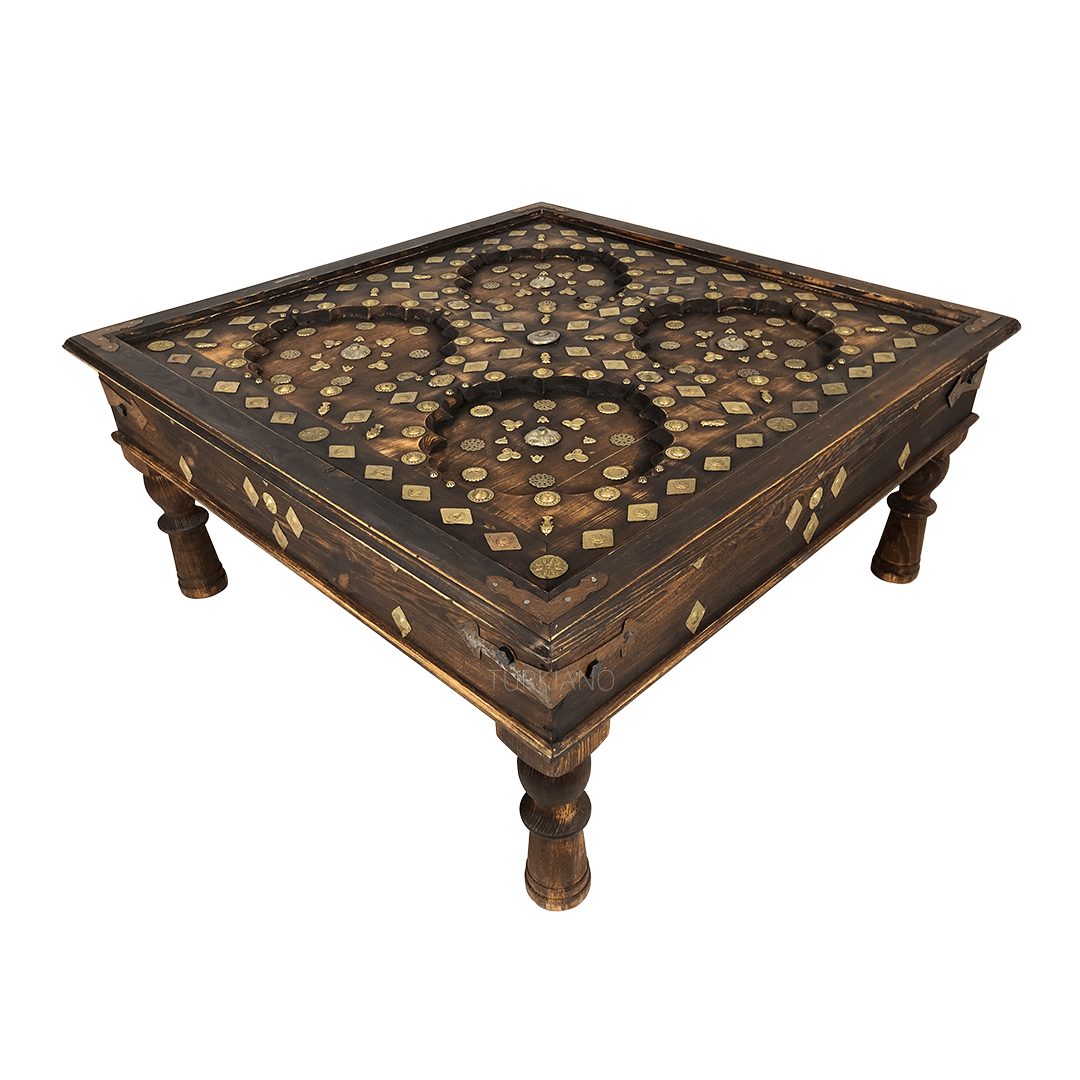 Indian Antique Brass Work Solid Wood Coffee Table C44