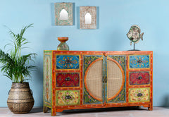 Pandora Indian Hand Painted Solid Wood With Rattan Sideboard