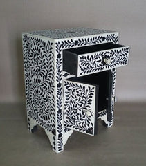 Maaya Bone Inlay Bedside Cabinet Table Black Floral