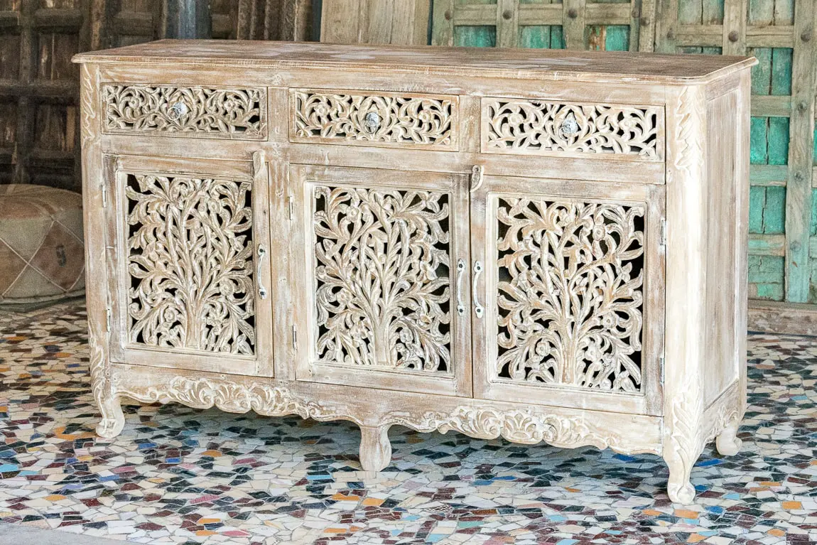 Antique Indian Jali Hand Carved Solid Wooden Sideboard Whitewash 152x45x91cm A0377