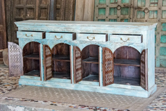 Antique Indian Jali Hand Carved Solid Wooden Sideboard Bluewash 198x40x92cm A0381