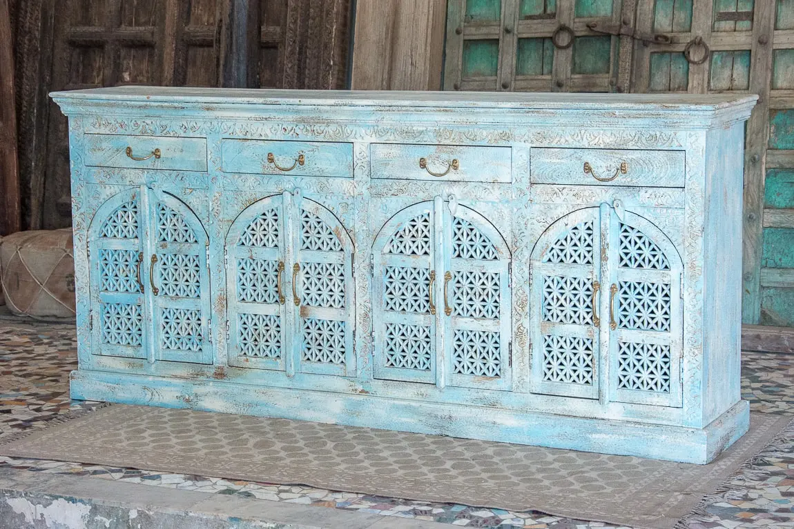 Antique Indian Jali Hand Carved Solid Wooden Sideboard Bluewash 198x40x92cm A0381