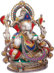 Indian Lord Ganesha Handmade Brass Statue With Inlay Work