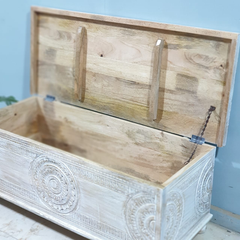 Handmade Indian Furniture Solid Hard Wood Carved Blanket Box Whitewash