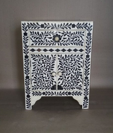 Maaya Bone Inlay Bedside Cabinet Table Black Floral