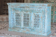 Antique Indian Jali Hand Carved Solid Wooden Sideboard Bluewash 152x40x102cm A0383