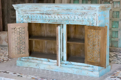 Antique Indian Jali Hand Carved Solid Wooden Sideboard Bluewash 152x40x102cm A0383