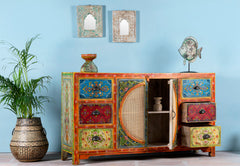 Pandora Indian Hand Painted Solid Wood With Rattan Sideboard