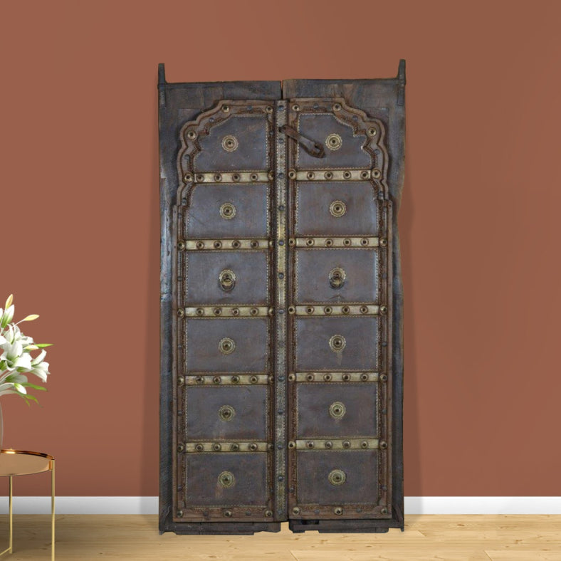 Indian Vintage Antique Hand Carved Reclaimed Teak Wood Door On Stand 86
