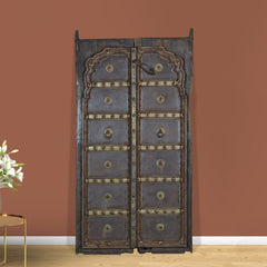 Indian Vintage Antique Hand Carved Reclaimed Teak Wood Door On Stand 86