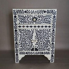 Maaya Bone Inlay Bedside Cabinet Table Black Floral