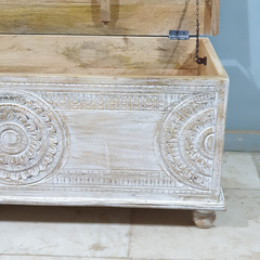 Handmade Indian Furniture Solid Hard Wood Carved Blanket Box Whitewash