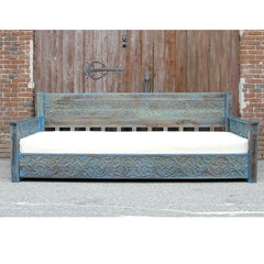 Mughal Garden Hand Carved Rustic Floral Daybed Blue