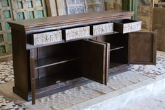 Antique Indian Mandala Hand Carved Solid Wooden Sideboard Whitewash 185x40x91cm A0385