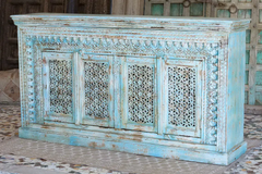 Antique Indian Mandala Hand Carved Solid Wooden Sideboard Bluewash 185x40x103cm A0386