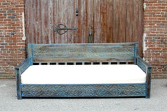 Mughal Garden Hand Carved Rustic Floral Daybed Blue