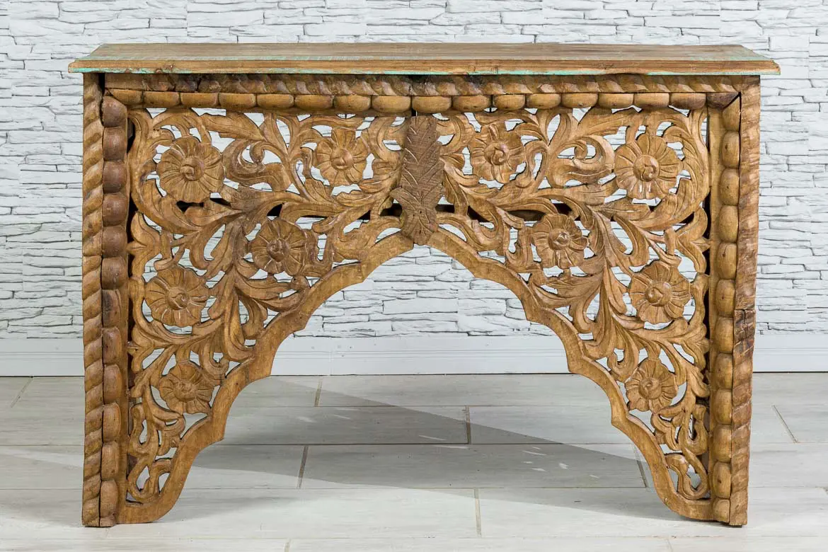 Indian Hand Jali Carved Floral Indian Solid wood Console Table Natural 114x36x78cm