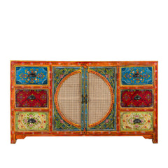 Pandora Indian Hand Painted Solid Wood With Rattan Sideboard