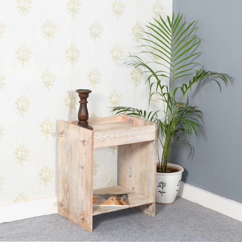 Handmade Indian Hand Carved Solid Hard Wood Tray Top End Table White Wash