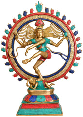 Indian Lord Nataraja Shiva Brass Statue With Inlay Work