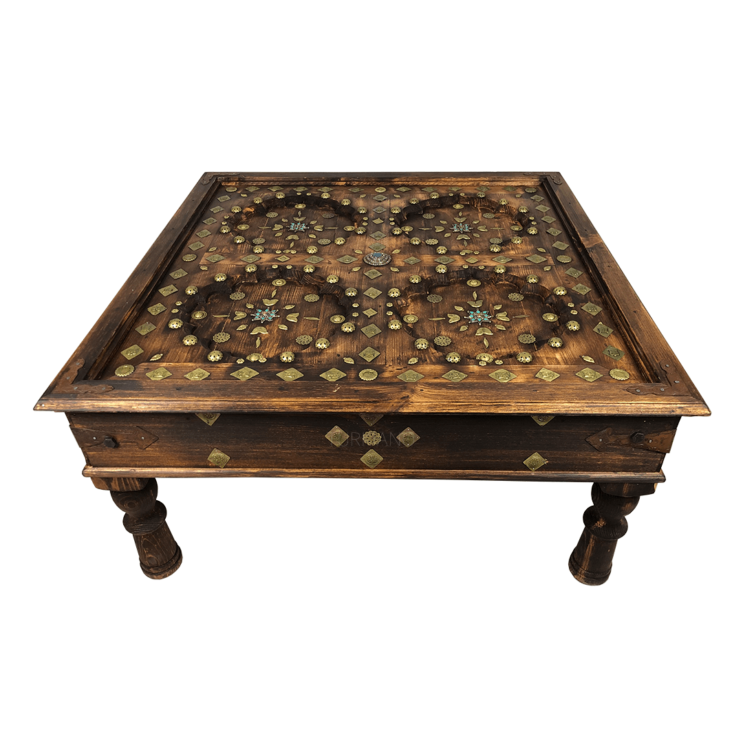 Indian Antique Brass Work Solid Wood Coffee Table C45