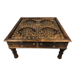 Indian Antique Brass Work Solid Wood Coffee Table C45